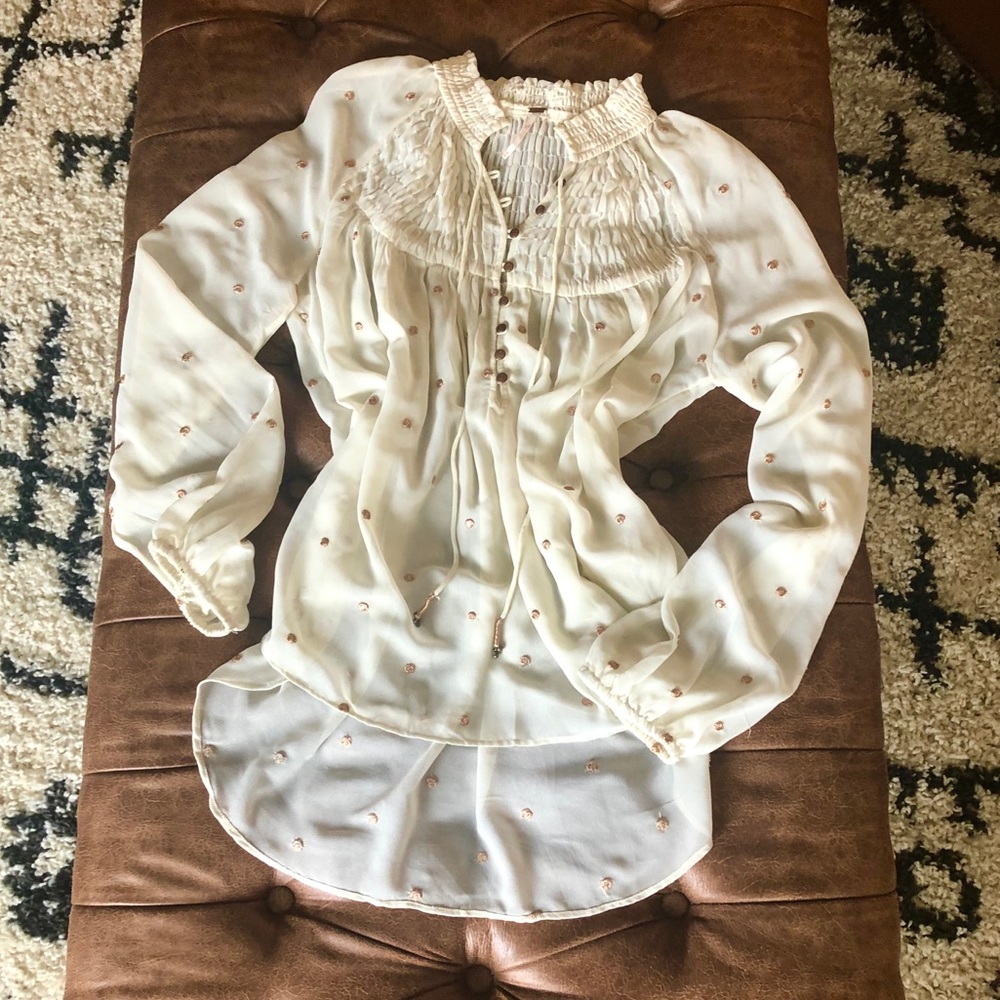Free People Boho Ivory Gold Embroider Dot Blouse M - Picture 2 of 9